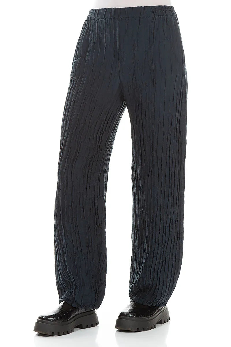 Long Dark Navy Crinkled Trousers