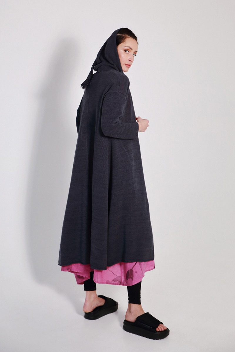 Long Hooded Graphite Linen Cardigan 7