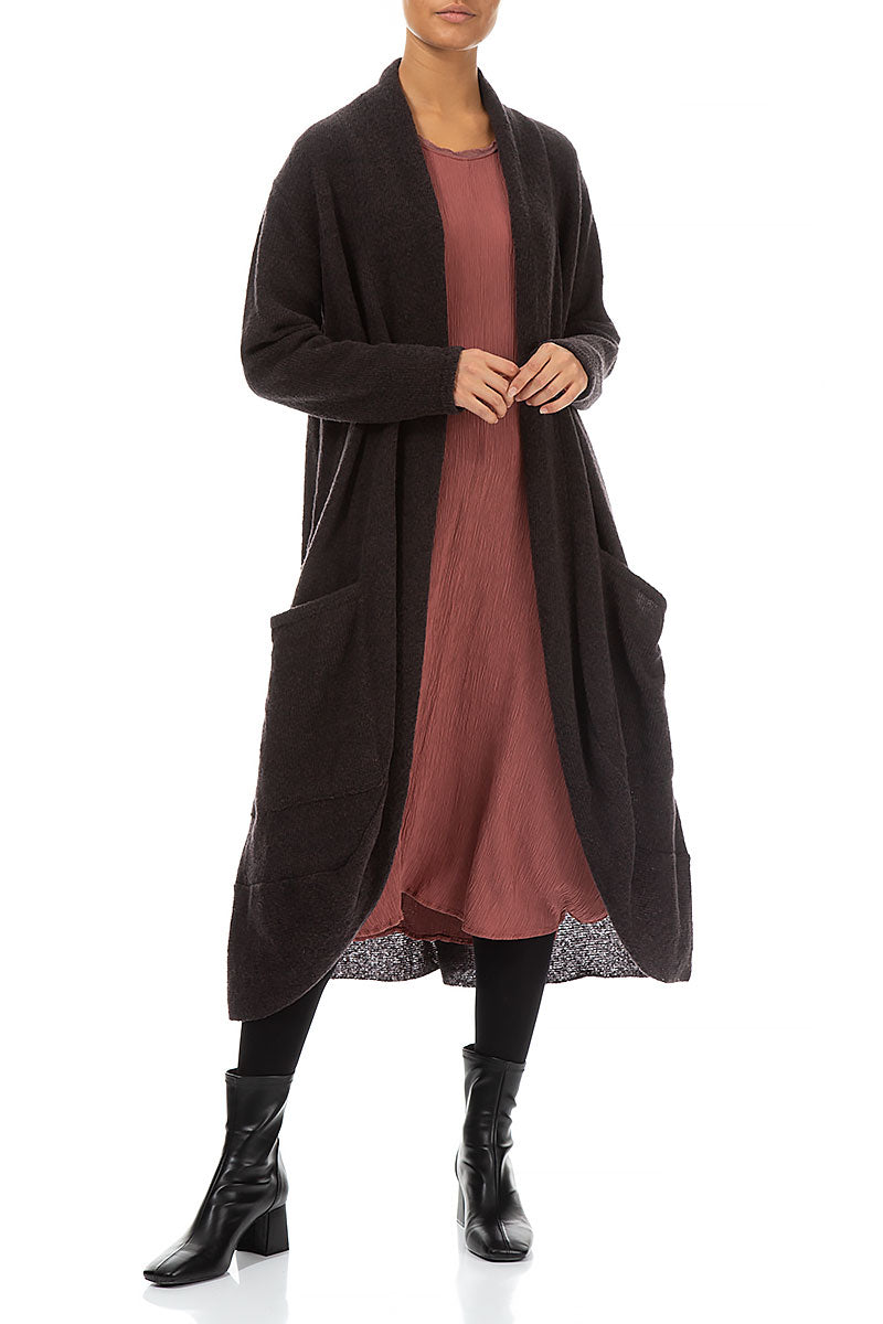 Long Open Chocolate Wool Cardigan