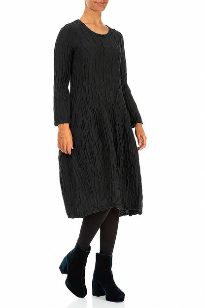 Long Sleeve Balloon Crinkled Black Silk Linen Dress
