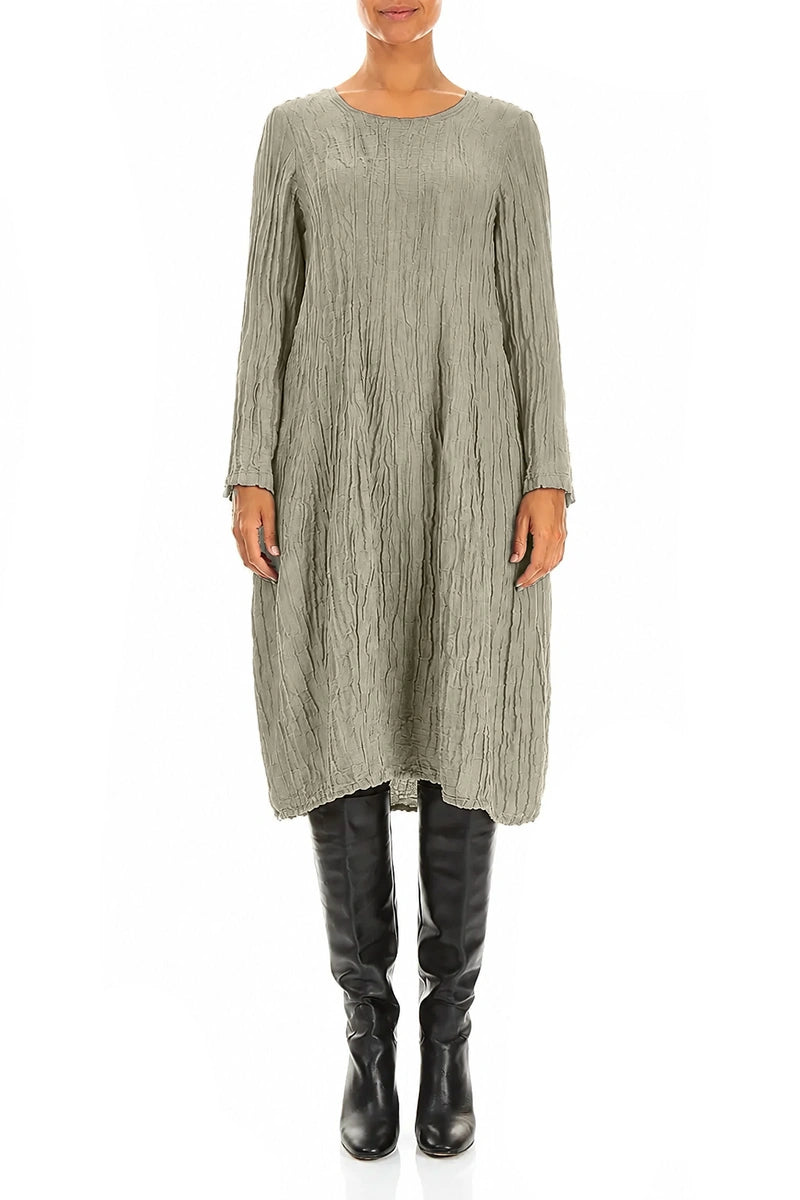 Robe ballon longue à manches longues en Soie et Lin gris olive Froissé