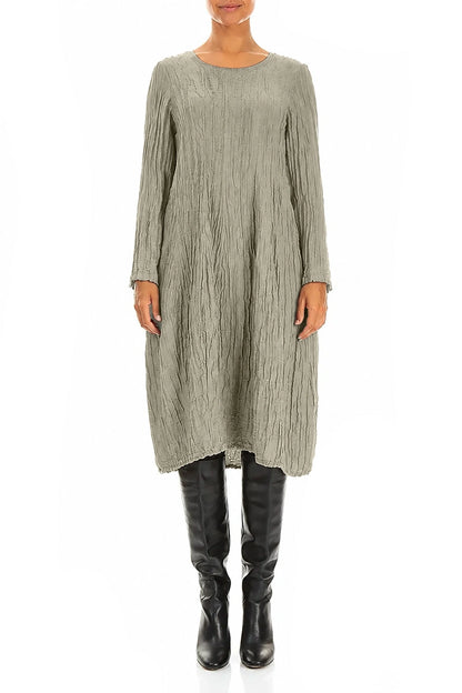 Robe ballon longue à manches longues en Soie et Lin gris olive Froissé