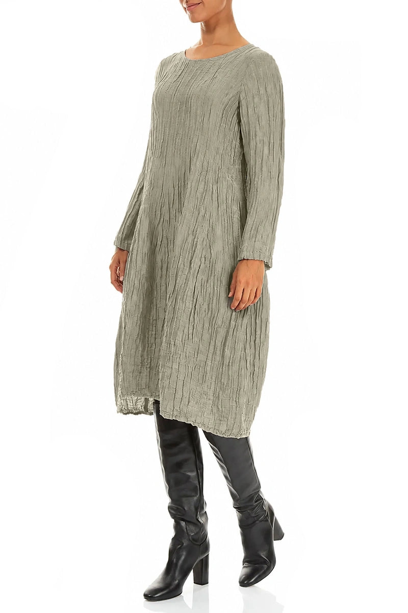 Robe ballon longue à manches longues en Soie et Lin gris olive Froissé