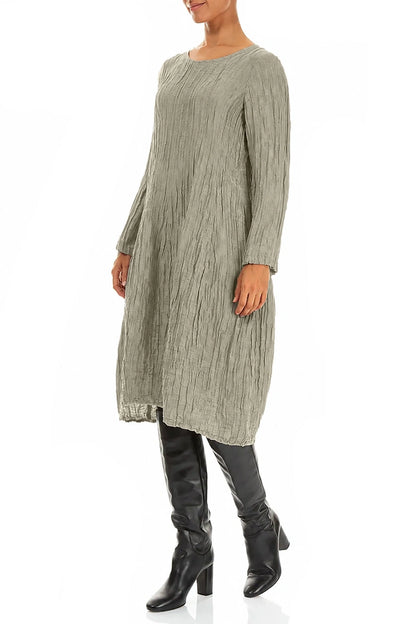Robe ballon longue à manches longues en Soie et Lin gris olive Froissé