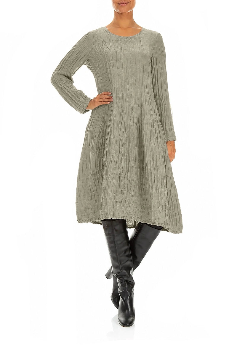 Robe ballon longue à manches longues en Soie et Lin gris olive Froissé