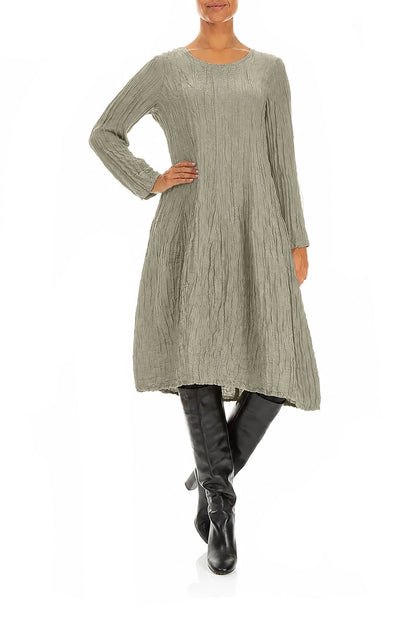 Robe ballon longue à manches longues en Soie et Lin gris olive Froissé