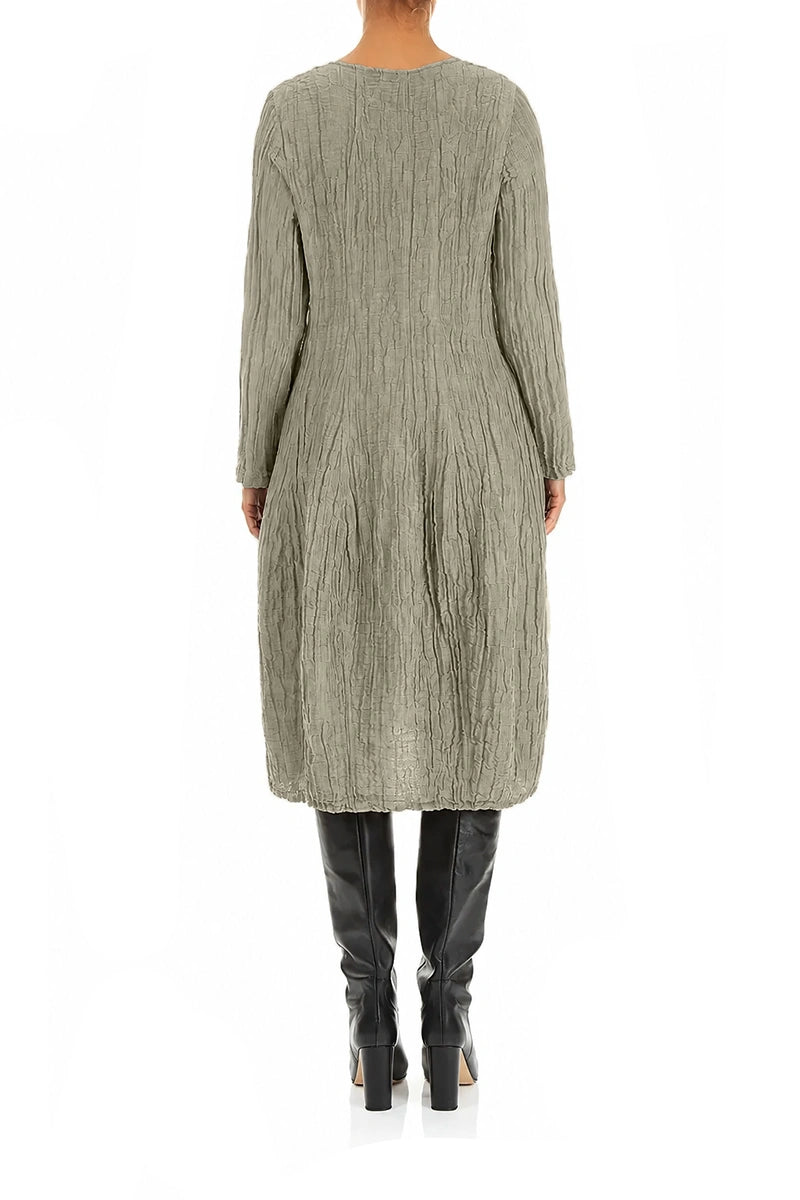 Robe ballon longue à manches longues en Soie et Lin gris olive Froissé