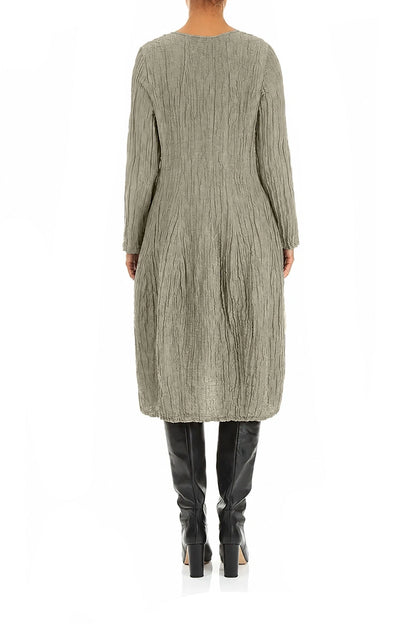 Robe ballon longue à manches longues en Soie et Lin gris olive Froissé