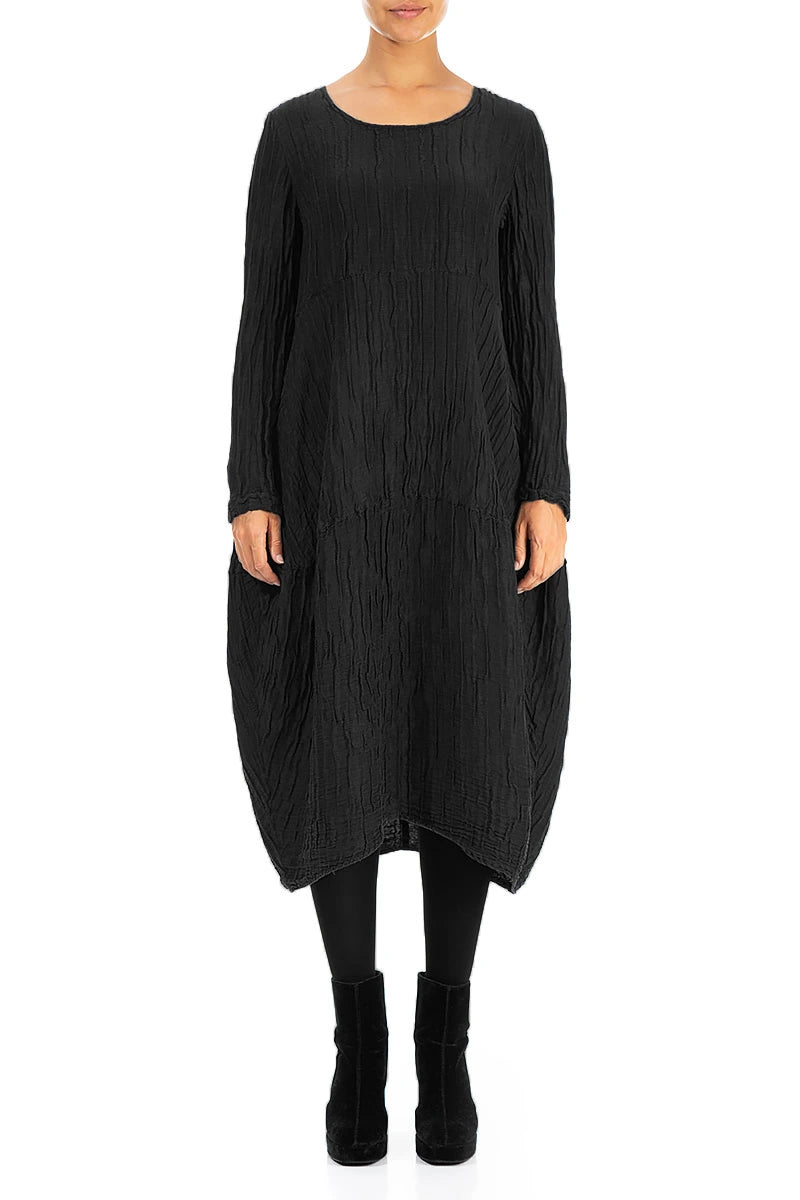 Long Sleeves Balloon Crinkled Black Silk Linen Dress 1