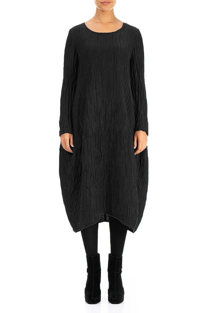 Long Sleeves Balloon Crinkled Black Silk Linen Dress 1