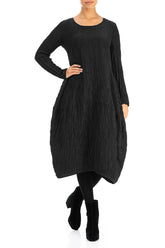 Long Sleeves Balloon Crinkled Black Silk Linen Dress 4