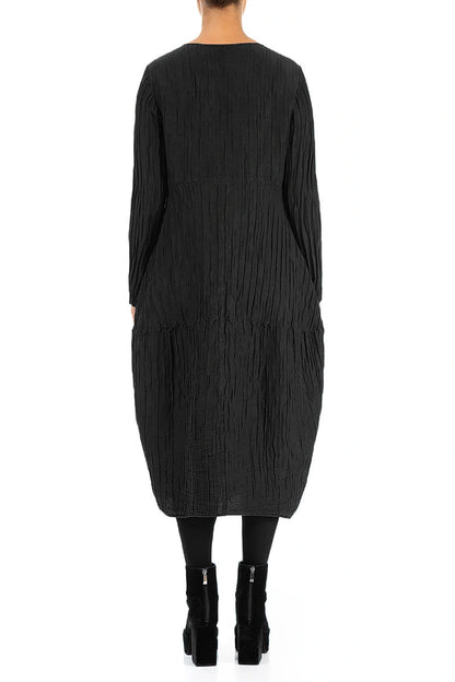 Kleid aus schwarzer Seide und Leinen mit langen Ärmeln und Ballon-Schnitt, Crinkle