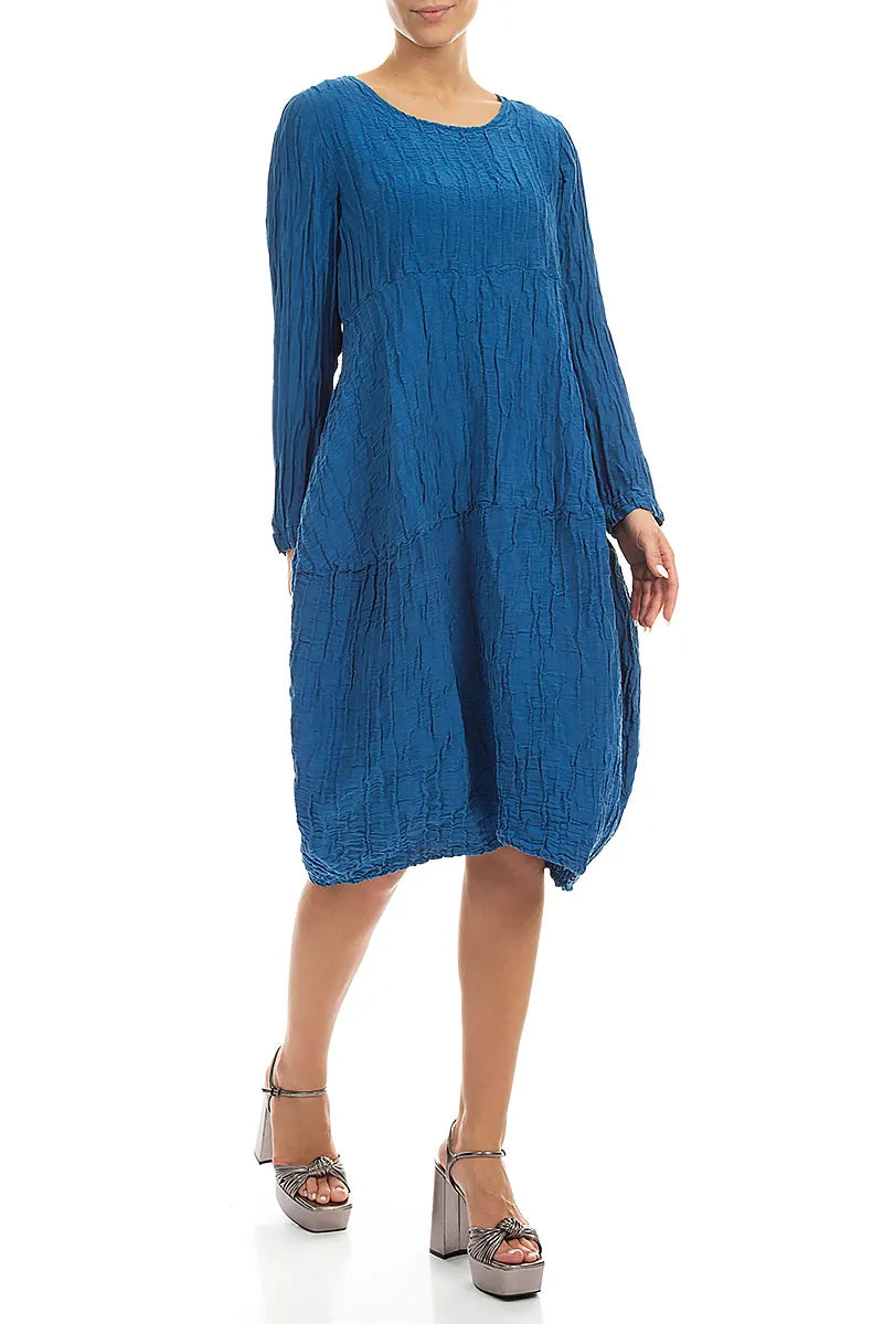 Long Sleeves Balloon Crinkled Cobalt Blue Silk Linen Dress 3