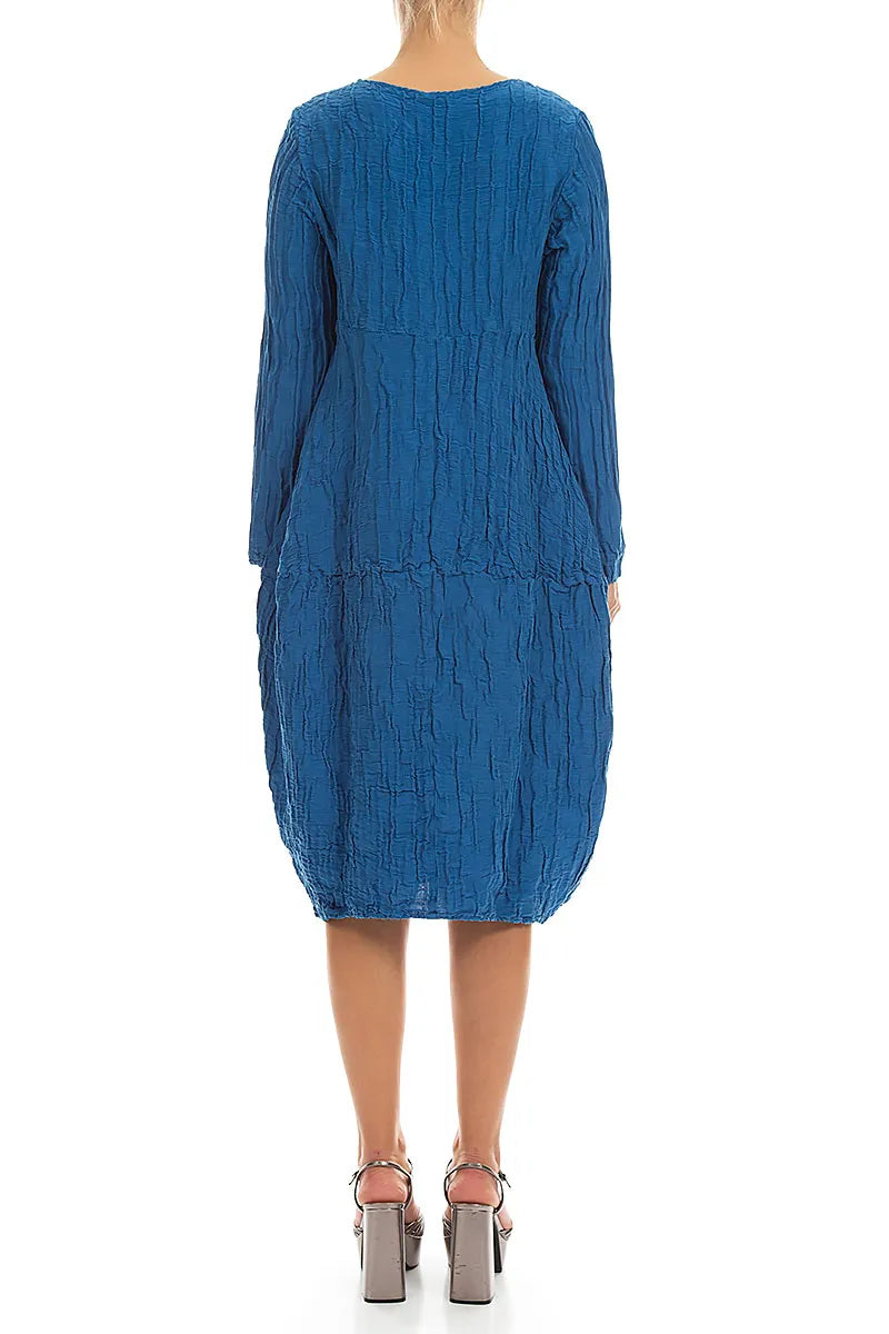 Long Sleeves Balloon Crinkled Cobalt Blue Silk Linen Dress 2
