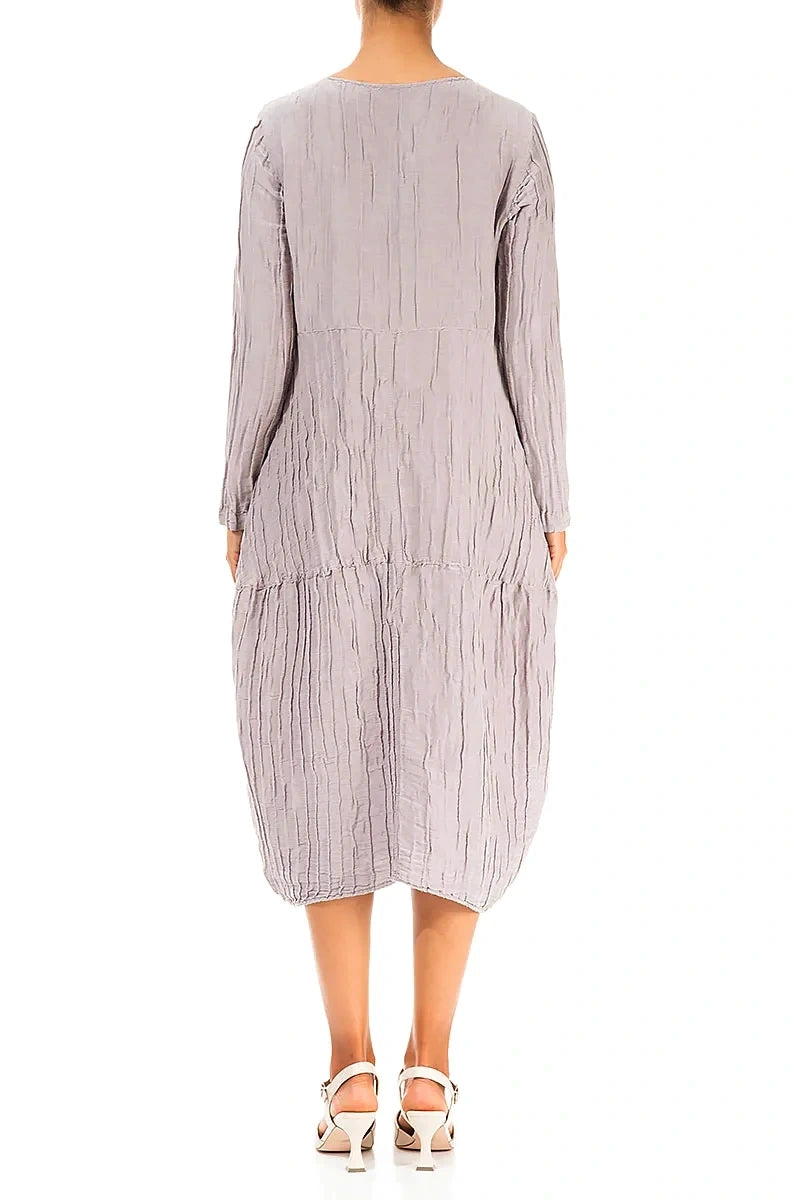 Long Sleeves Balloon Crinkled Greige Silk Linen Dress S Long Sleeves Balloon Crinkled Greige Silk Linen Dress S