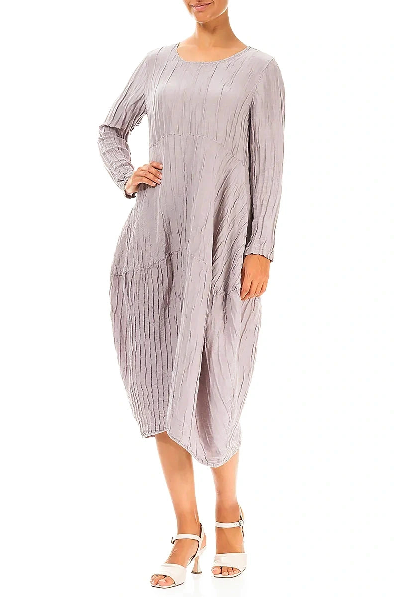 Long Sleeves Balloon Crinkled Greige Silk Linen Dress S Long Sleeves Balloon Crinkled Greige Silk Linen Dress S