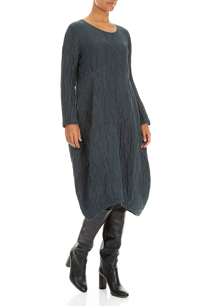 Long Sleeves Balloon Crinkled Slate Silk Linen Dress 3
