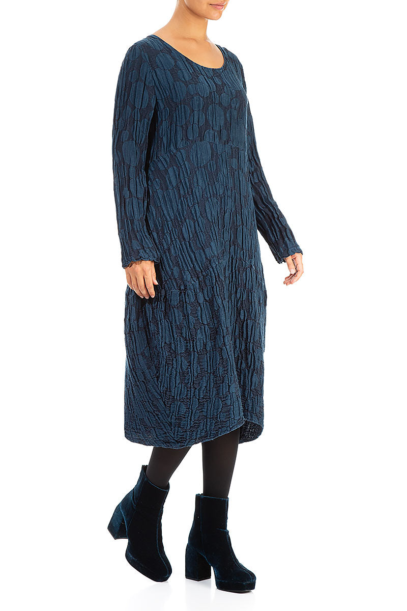 Long Sleeves Balloon Navy Circle Silk Linen Dress 3