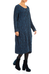Long Sleeves Balloon Navy Circle Silk Linen Dress 3