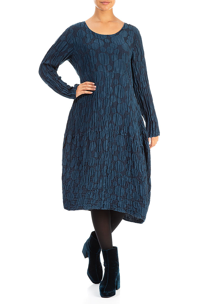 Long Sleeves Balloon Navy Circle Silk Linen Dress 4