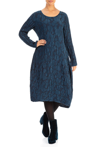 Long Sleeves Balloon Navy Circle Silk Linen Dress 4