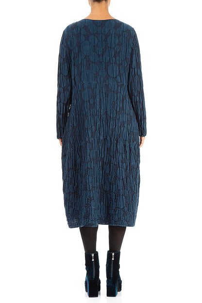 Long Sleeves Balloon Navy Circle Silk Linen Dress 2