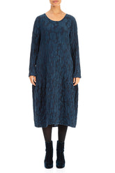 Long Sleeves Balloon Navy Circle Silk Linen Dress 1