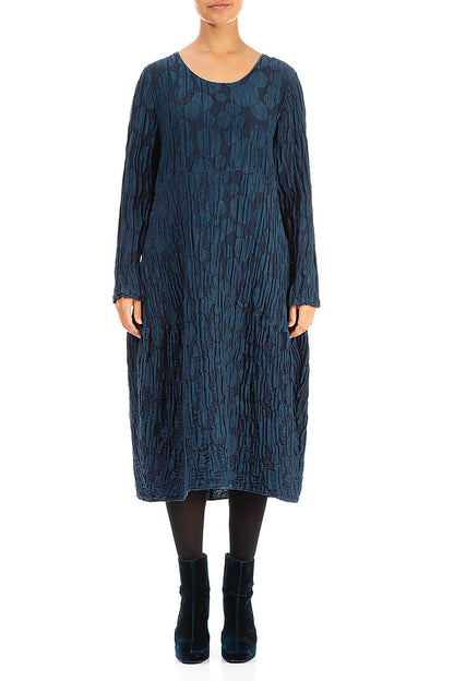 Long Sleeves Balloon Navy Circle Silk Linen Dress 1
