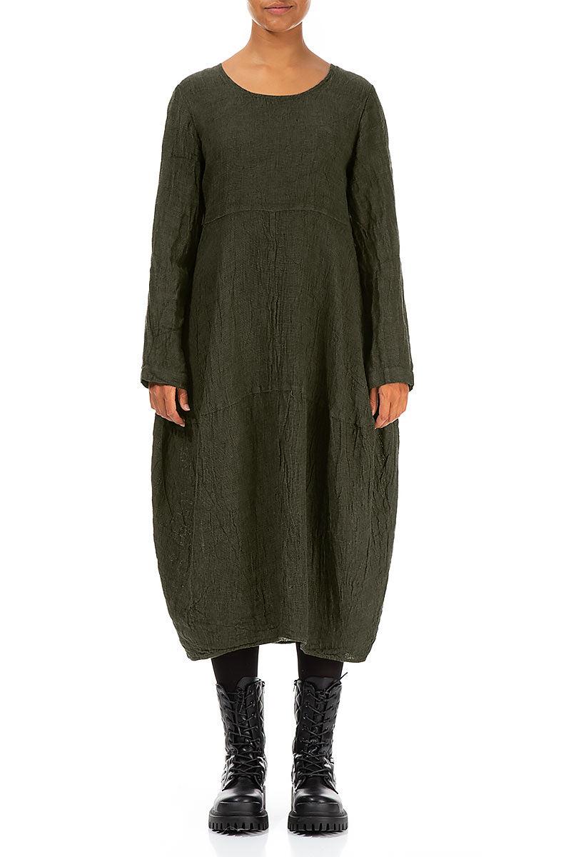 Long Sleeves Balloon Olive Mélange Linen Dress