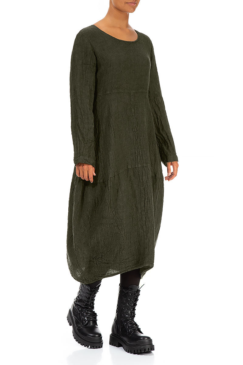 Long Sleeves Balloon Olive Mélange Linen Dress