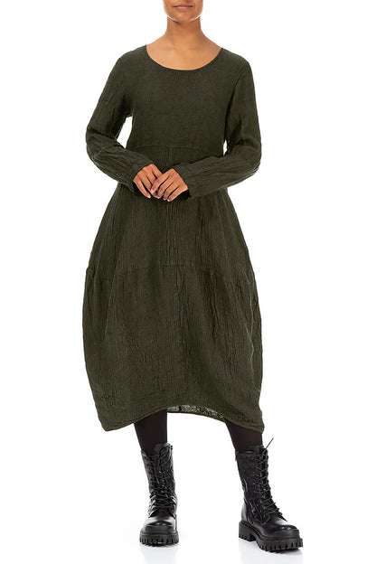 Long Sleeves Balloon Olive Mélange Linen Dress