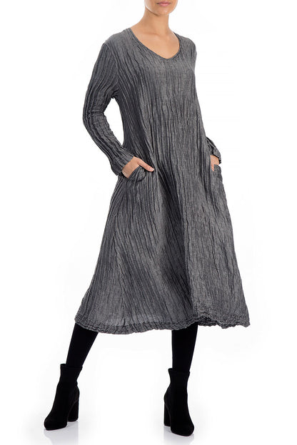 Long Sleeves Crinkled Silver Silk Linen Dress