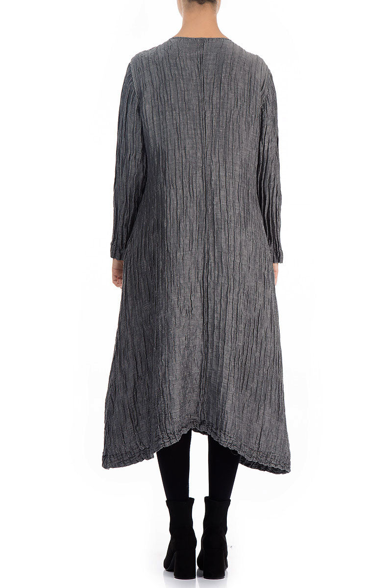 Long Sleeves Crinkled Silver Silk Linen Dress