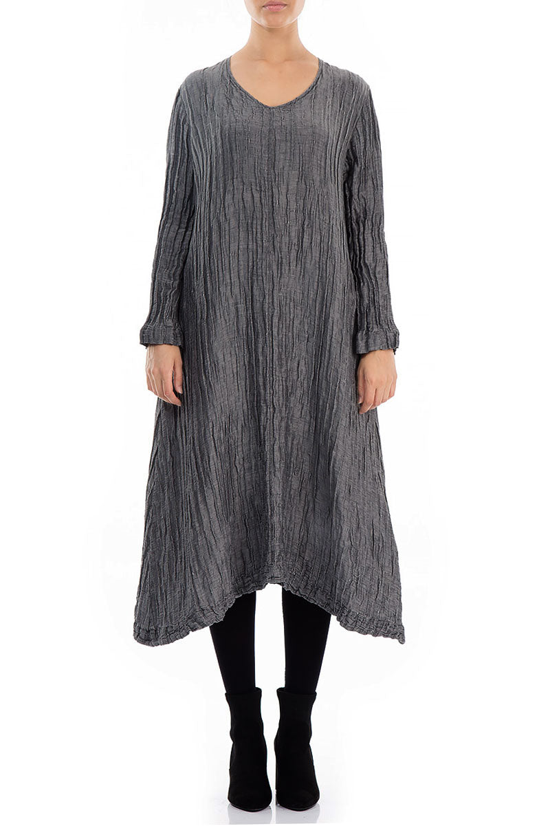 Long Sleeves Crinkled Grey Silk Linen Dress