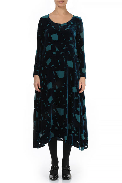 Long Sleeves Abstract Devoré Turquoise Silk Velvet Dress