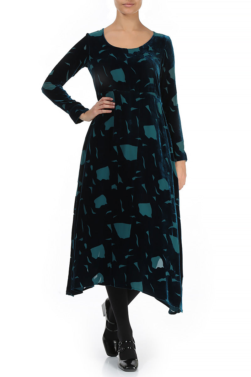 Long Sleeves Abstract Devoré Turquoise Silk Velvet Dress