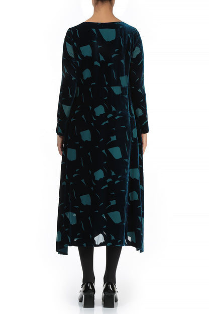 Long Sleeves Abstract Devoré Turquoise Silk Velvet Dress