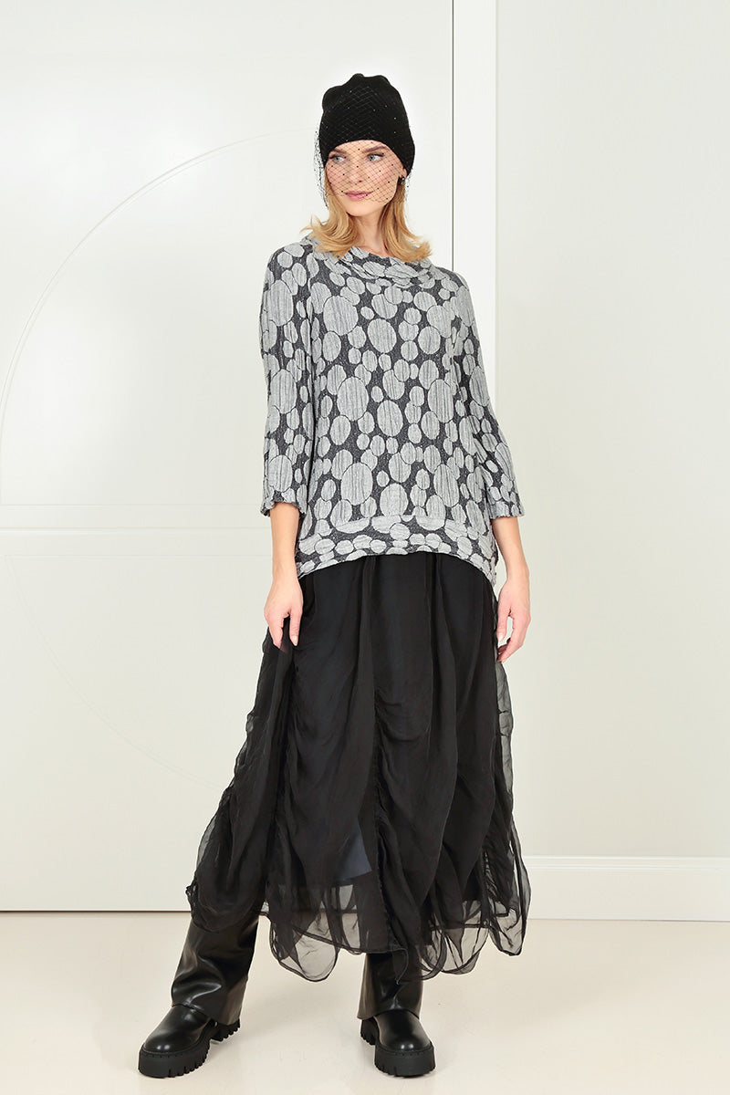 Cropped Sleeves Silver Circle Silk Linen Blouse