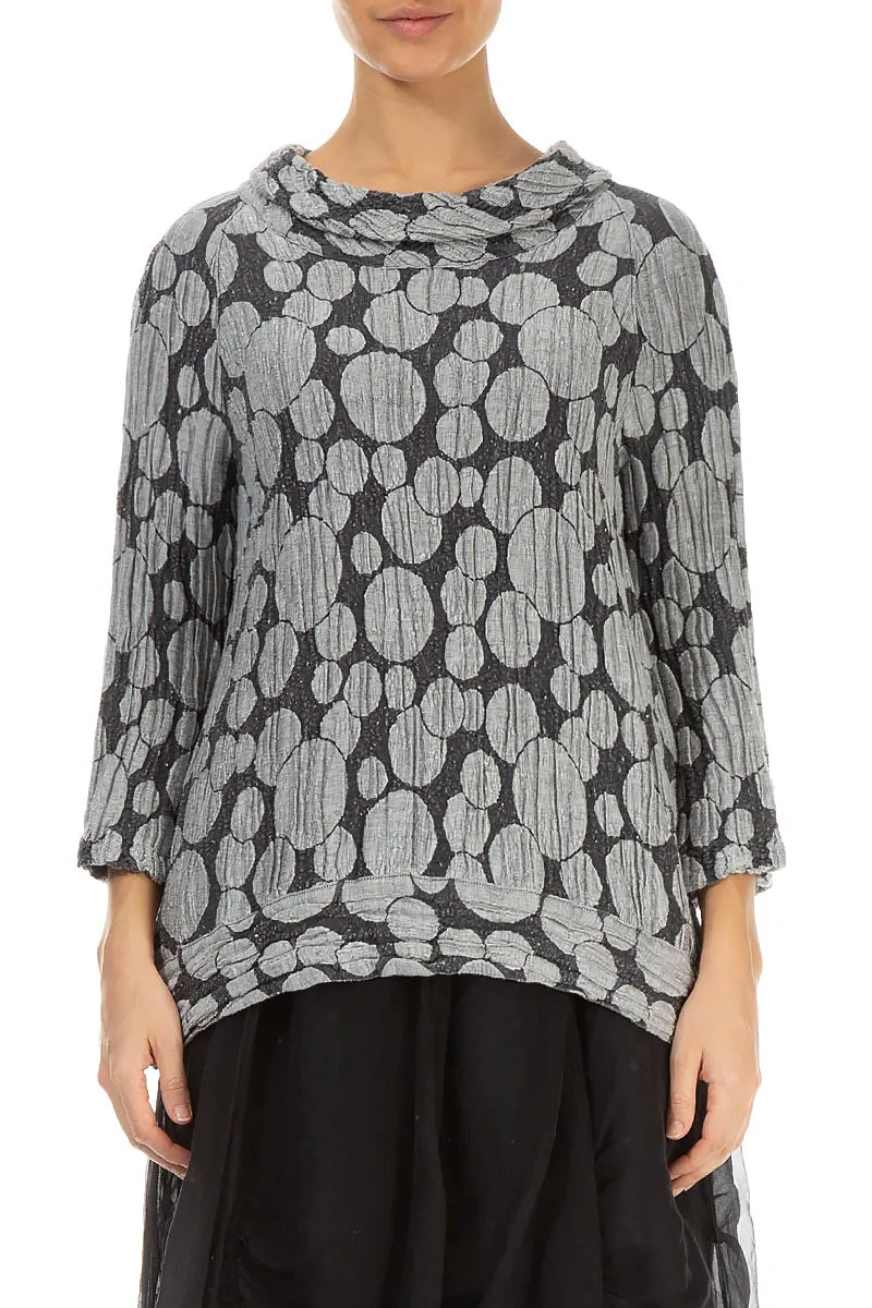 Cropped Sleeves Silver Circle Silk Linen Blouse