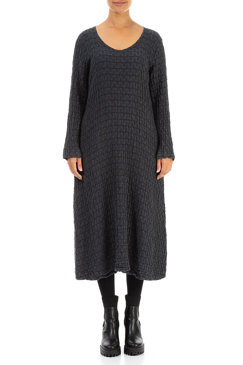 Long Sleeves Textured Anthracite Linen Dress