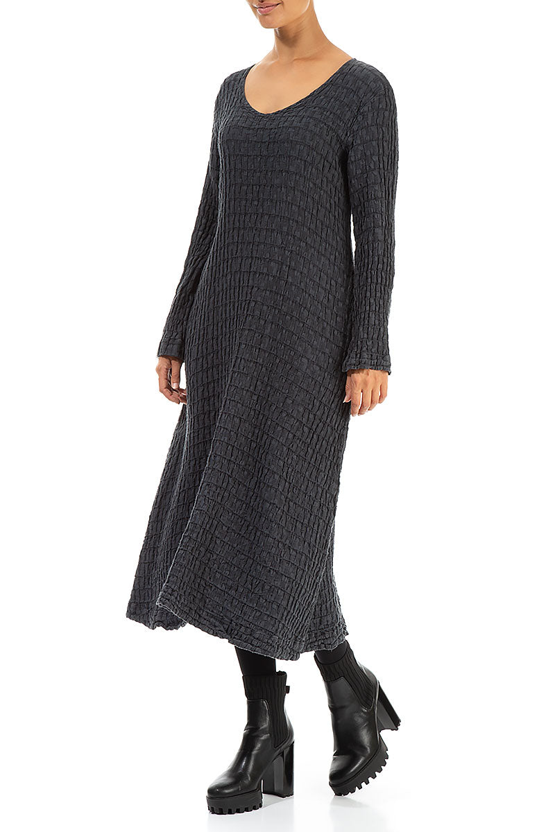 Long Sleeves Textured Anthracite Linen Dress