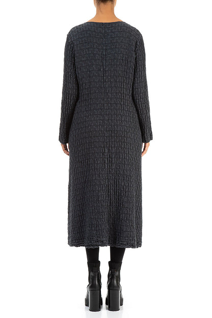 Long Sleeves Textured Anthracite Linen Dress