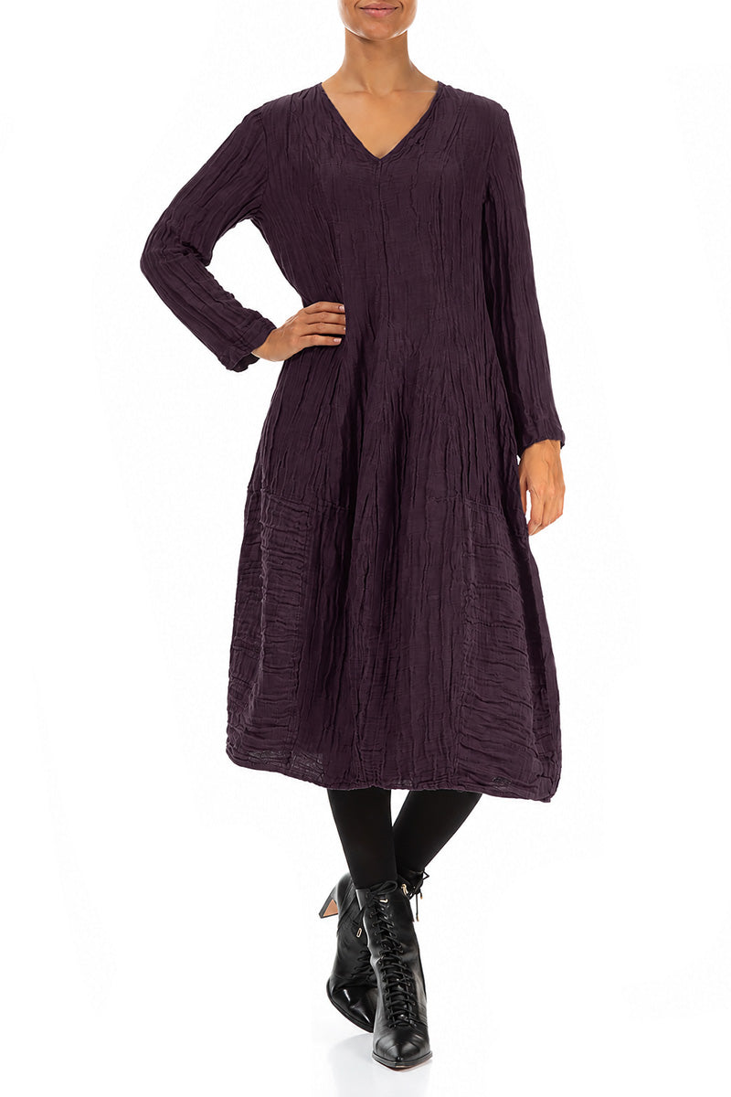 Long Sleeves V-Neck Crinkled Deep Plum Silk Dress 4