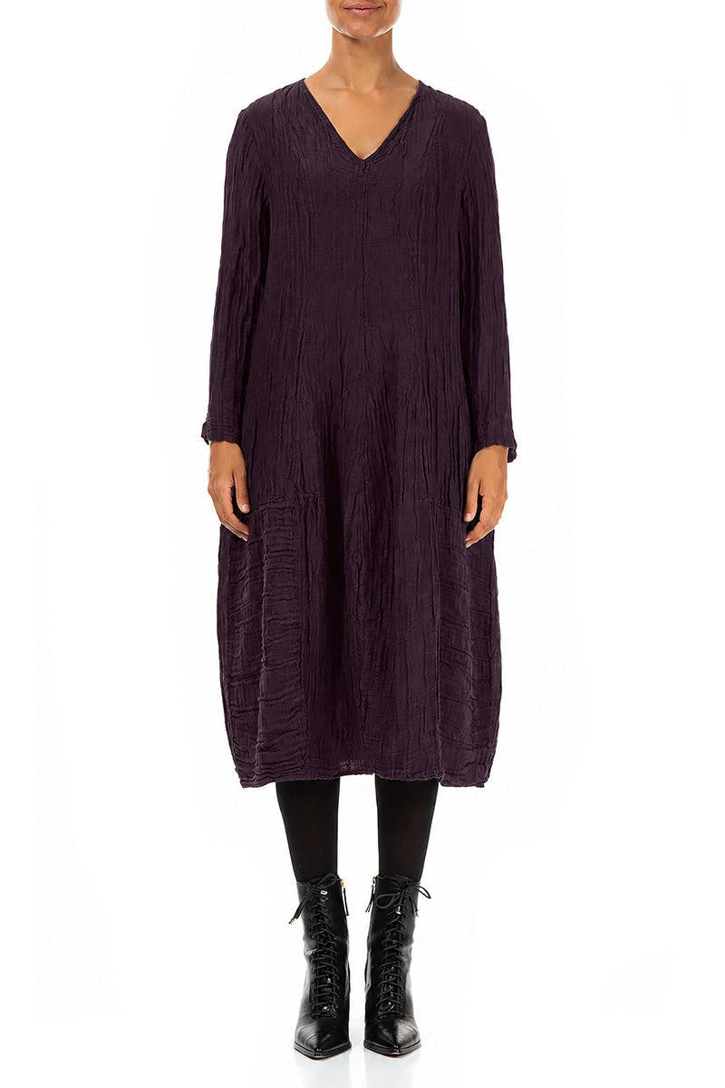 Long Sleeves V-Neck Crinkled Deep Plum Silk Dress
