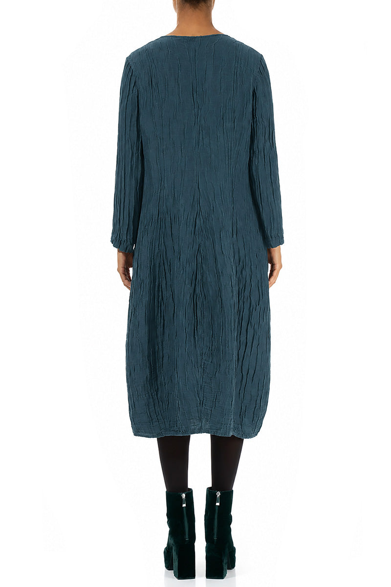 Long Sleeves V-Neck Crinkled Deep Turquoise Silk Dress