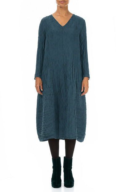 Long Sleeves V-Neck Crinkled Deep Turquoise Silk Dress