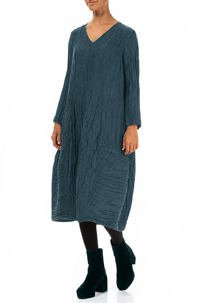Long Sleeves V-Neck Crinkled Deep Turquoise Silk Dress