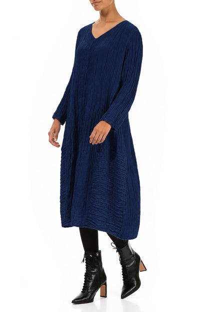 Long Sleeves V-Neck Crinkled Indigo Silk Dress
