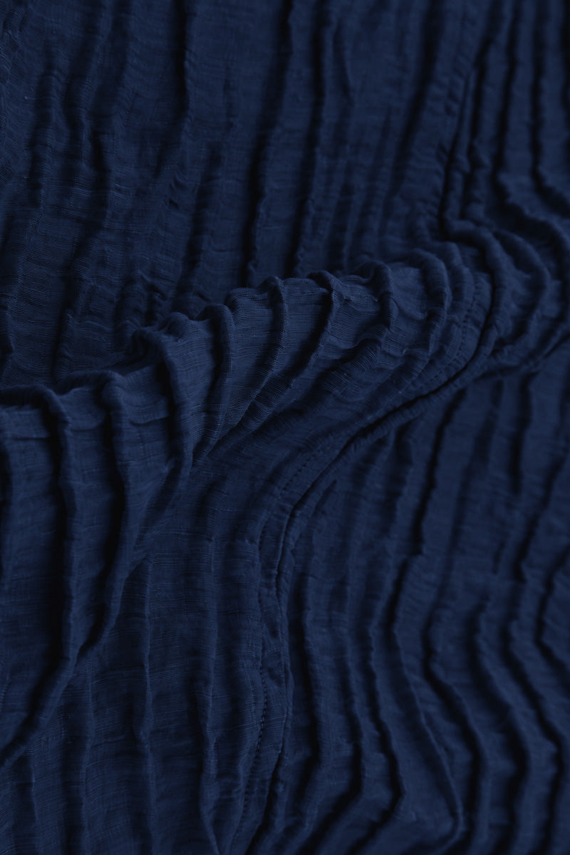 Long Sleeves V-Neck Crinkled Indigo Silk Dress 5