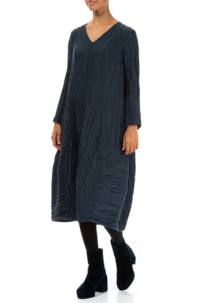 Long Sleeves V-Neck Crinkled Midnight Blue Silk Dress